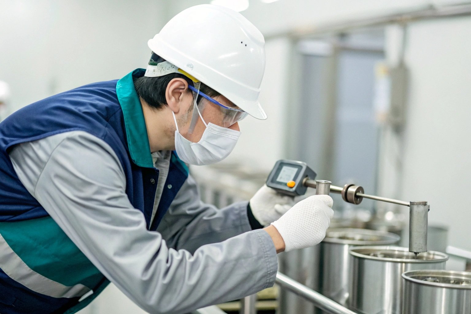 Inspector measuring with a caliper in a steel factory environment.