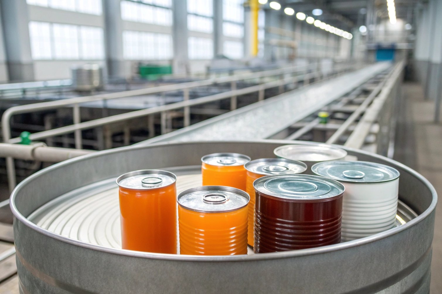 Assorted metal cans on industrial conveyor belt.