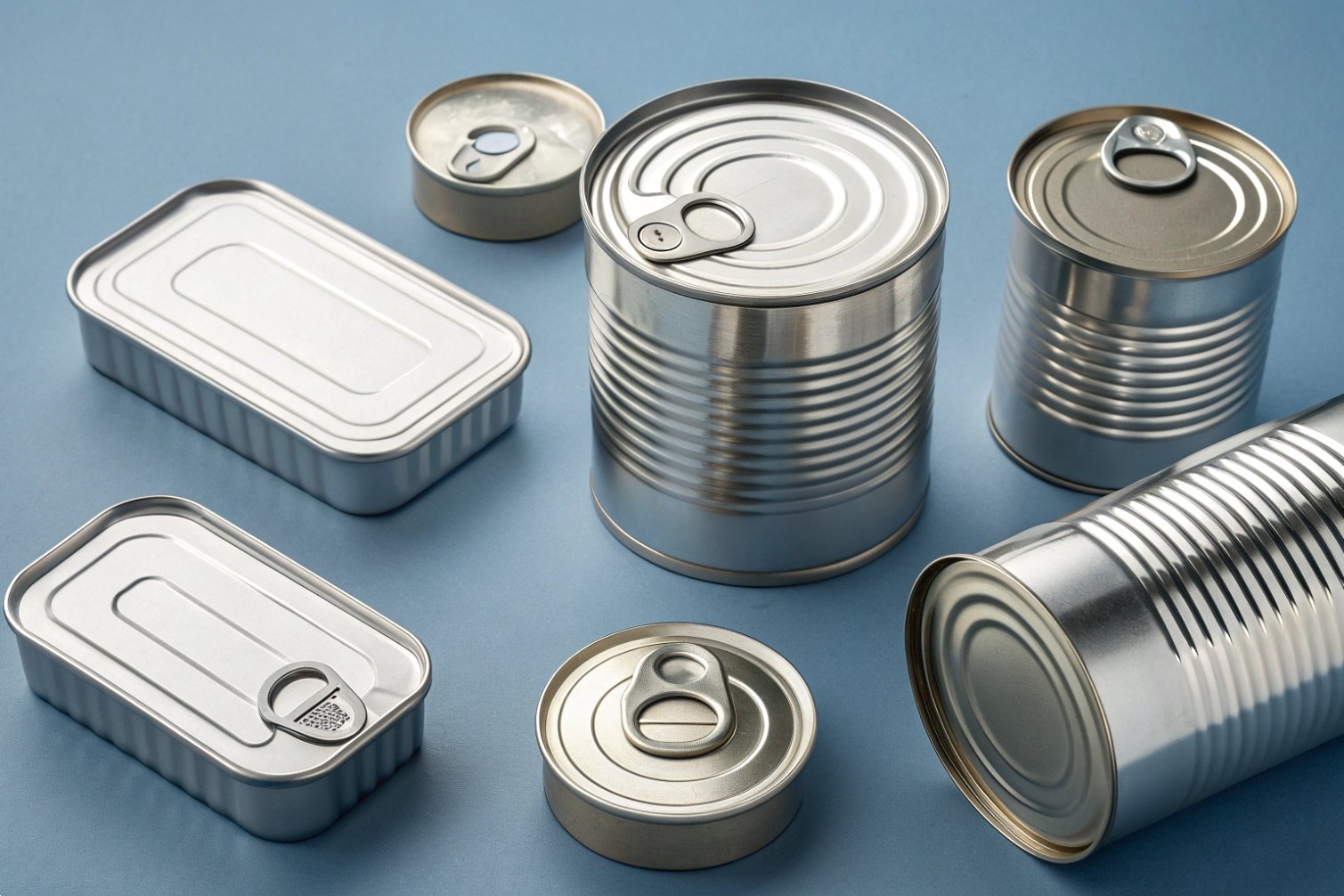 Various shapes and sizes of metal cans arranged on blue background.