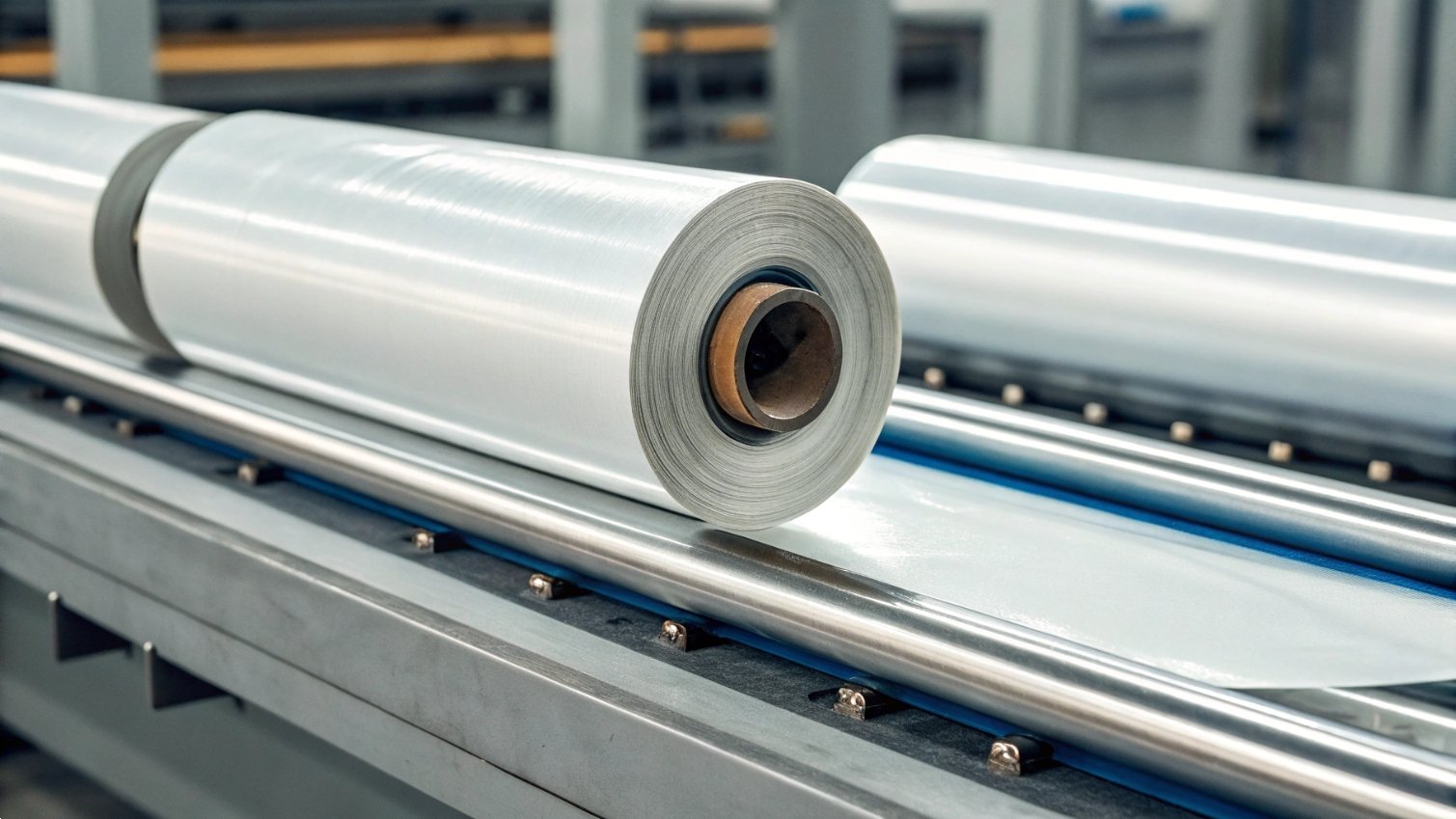 Industrial roll of aluminum foil in production setting.