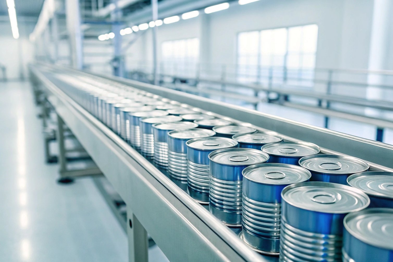 Rows of tin cans moving on automated production conveyor.