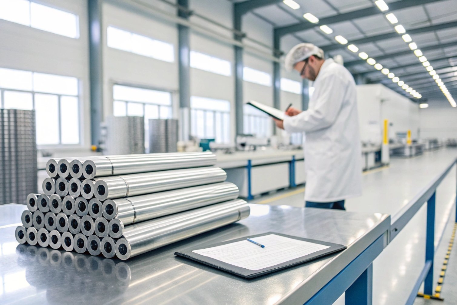 Stacked metal rods in production facility, technician recording data.