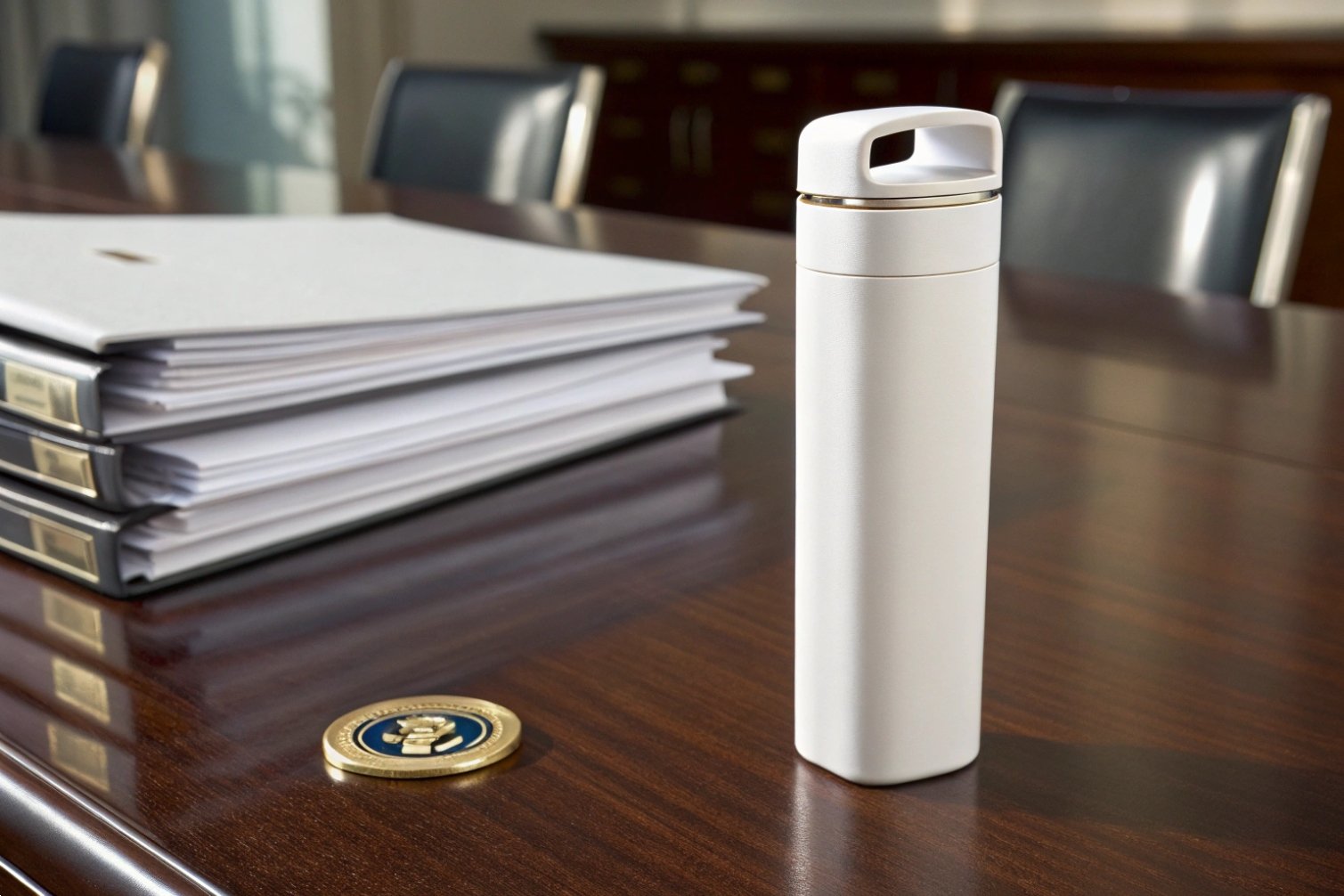 White thermos and documents on conference table.