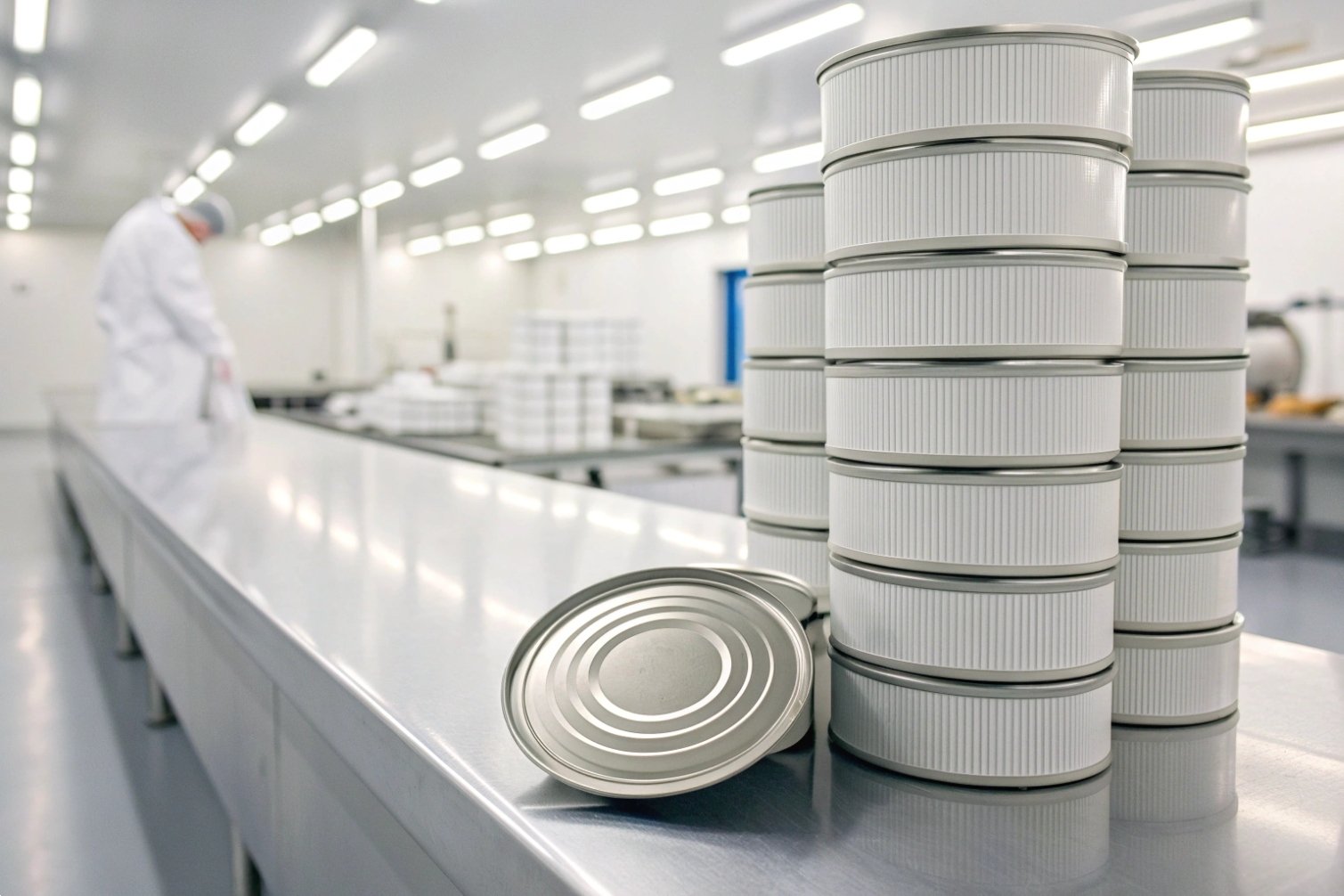 Stacked cans in clean packaging facility.