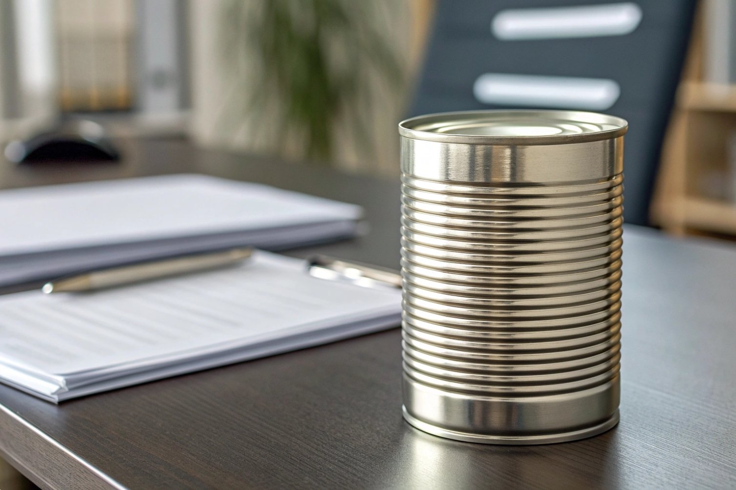 Metal can on office desk with papers.