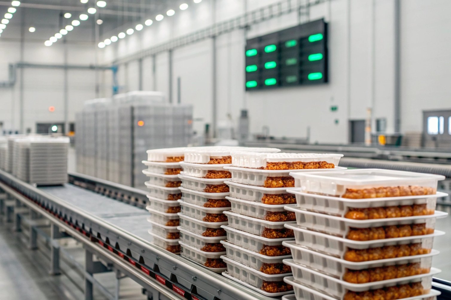 Food trays on conveyor belt in a factory setting.