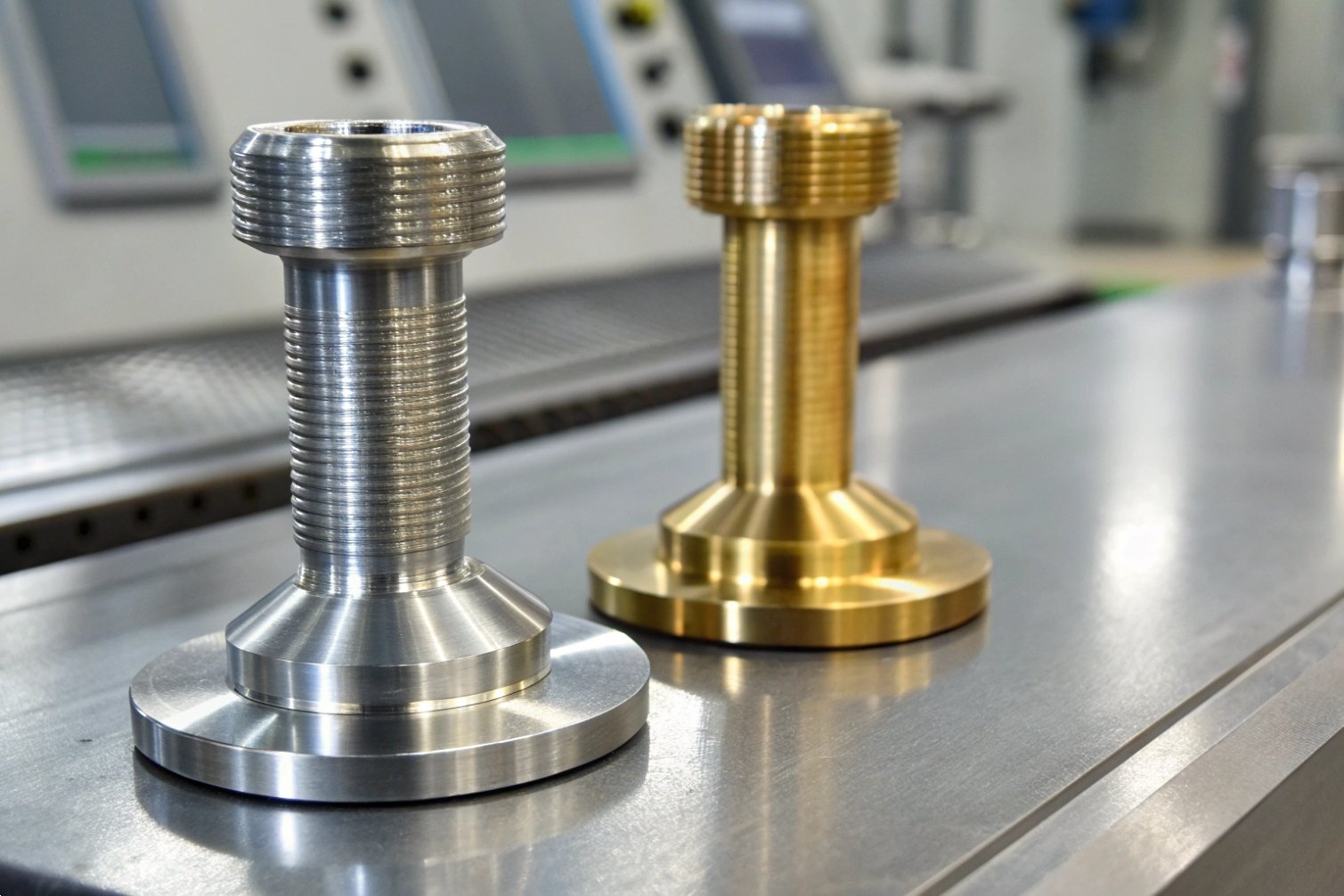 Two threaded metal parts on a production line.