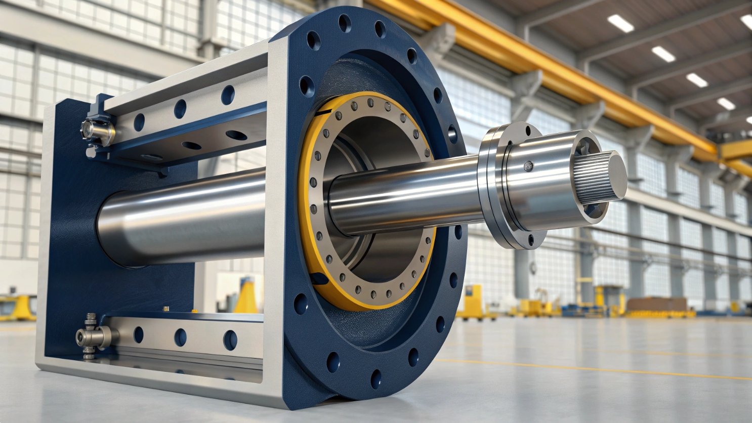 Industrial hydraulic component in factory setting.