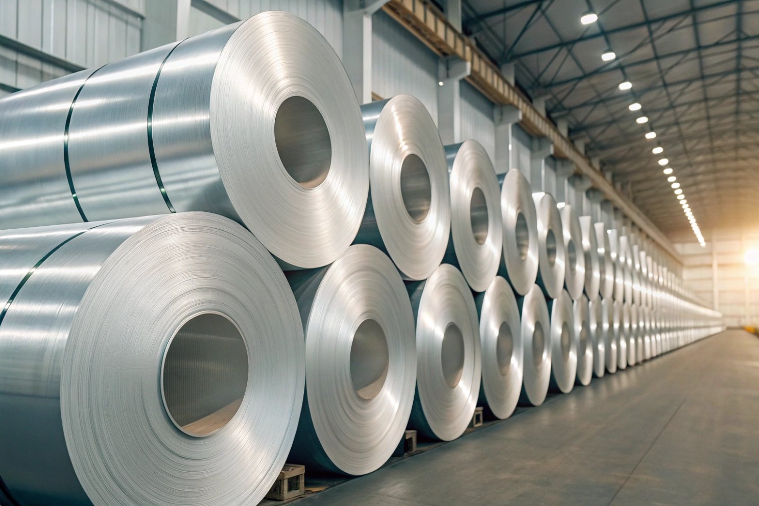 Close-up of numerous large, stacked steel coils in a brightly lit industrial warehouse.
