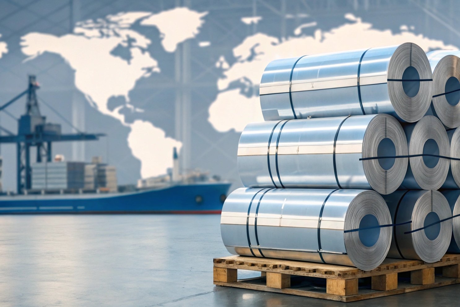 Stacked metal coils on a pallet with a cargo ship and world map background, symbolizing global trade.