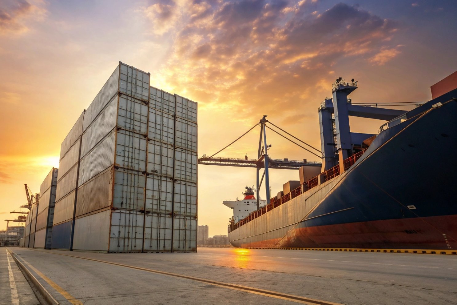 Stacked metal coils on pallet with a container ship and world map background.