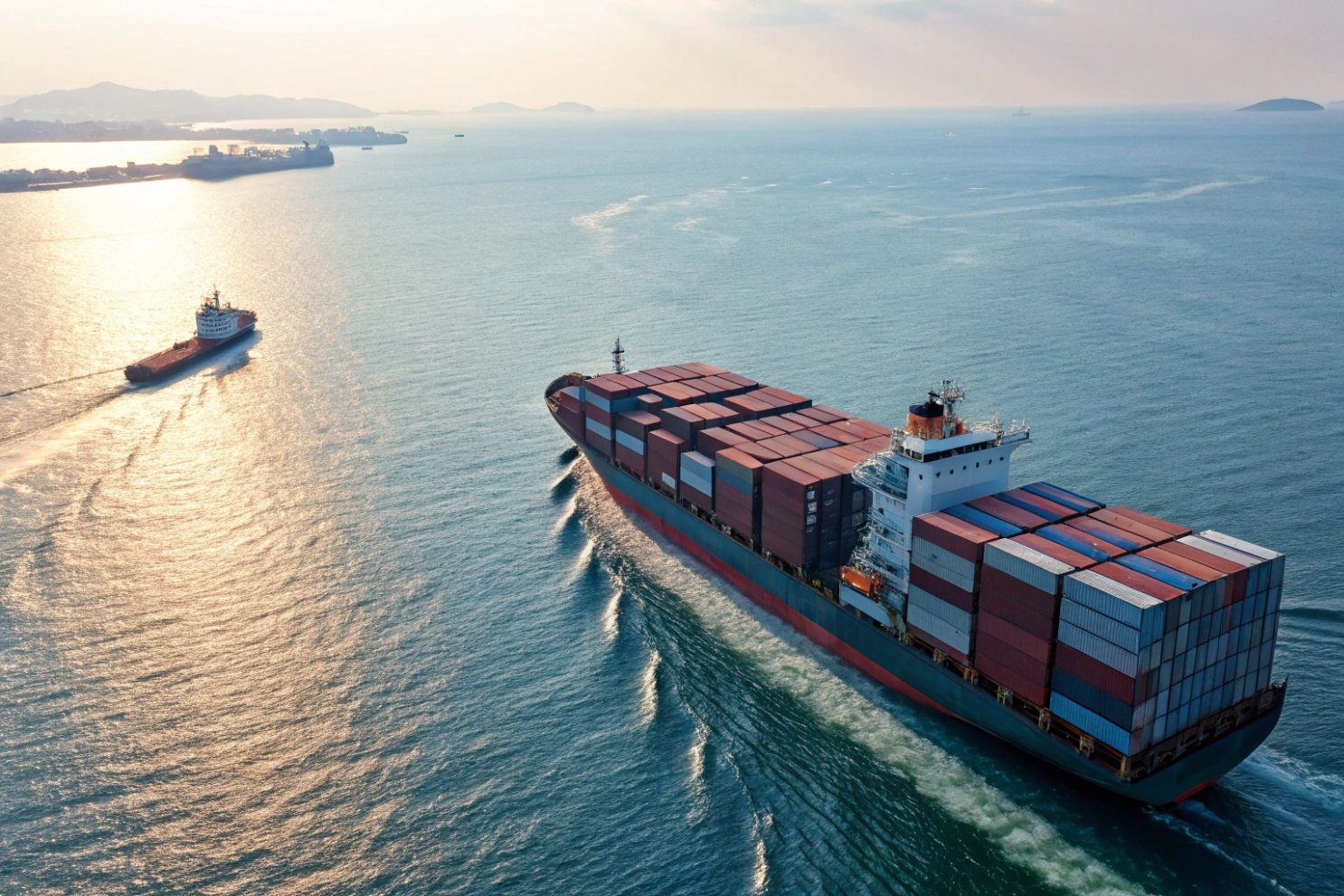 Aerial view of a massive container ship navigating the open ocean for global trade.
