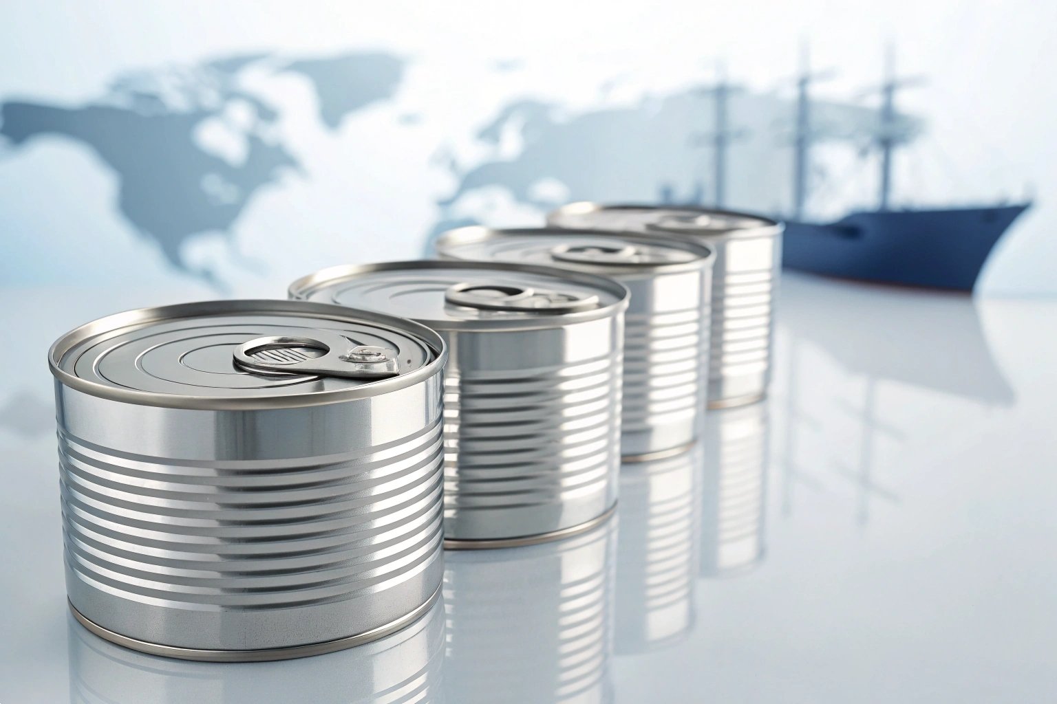 Unlabeled silver tin cans lined up with a world map and cargo ship background
