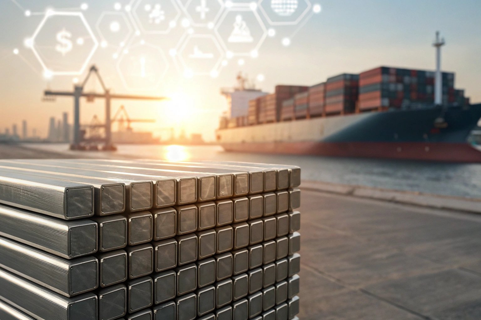 Stack of industrial metal beams at a shipping port with cargo ship background