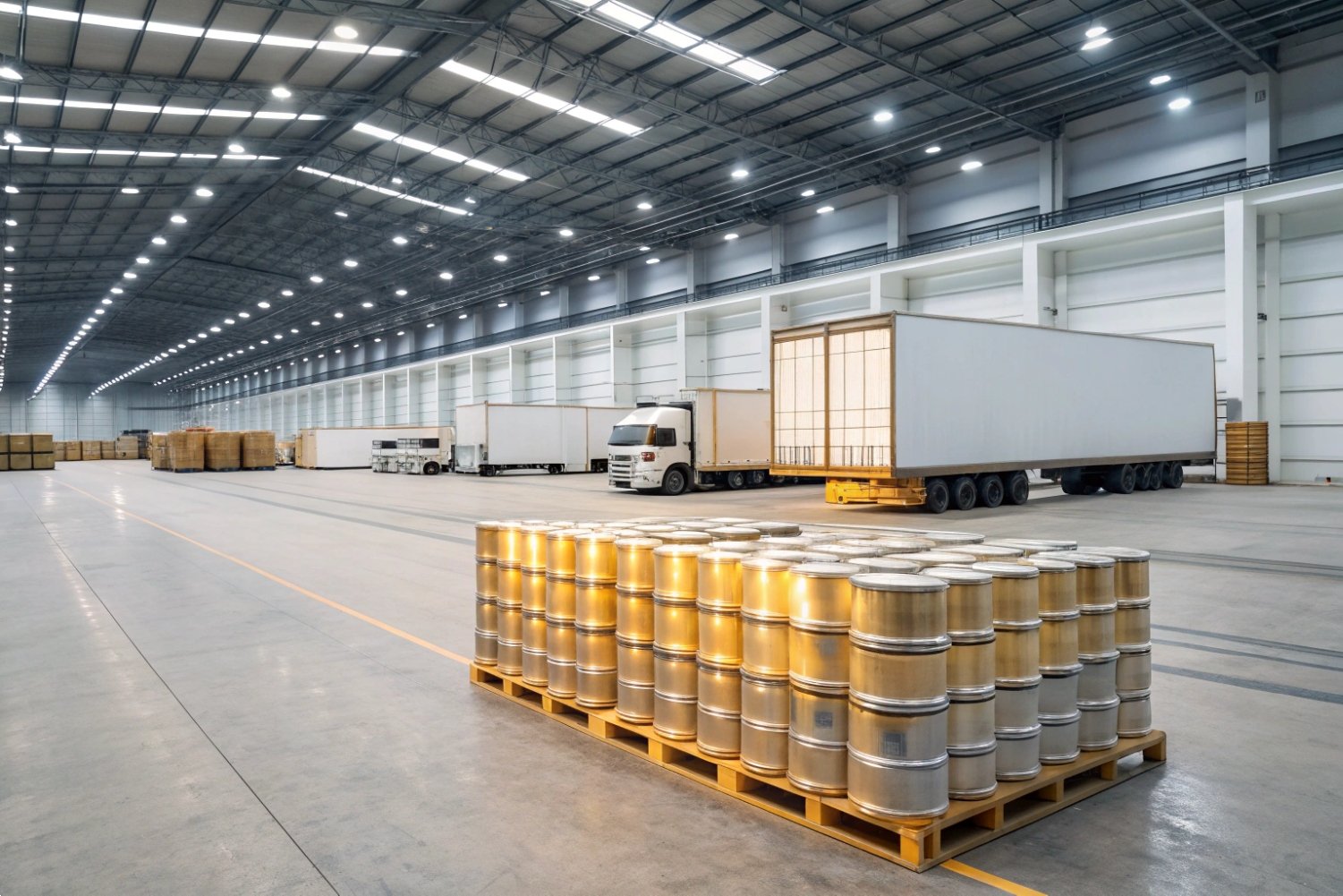Industrial warehouse featuring organized chemical drums on pallets and freight trucks for efficient logistics.