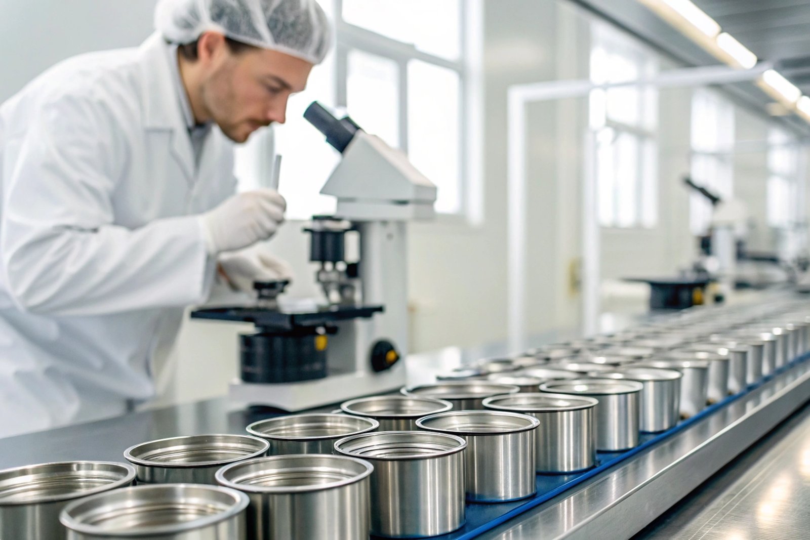 Scientist in lab coat using a microscope to conduct quality testing on production line cans.