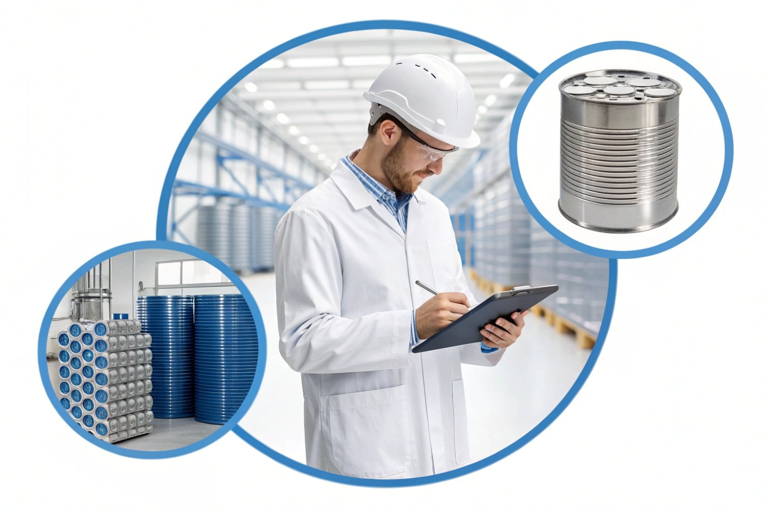 Quality control inspector in white lab coat auditing industrial metal packaging production line