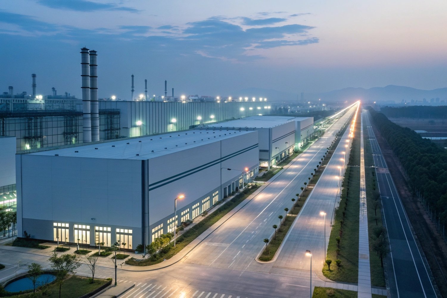 Modern industrial facility exterior with long illuminated road at dusk and factory chimneys.