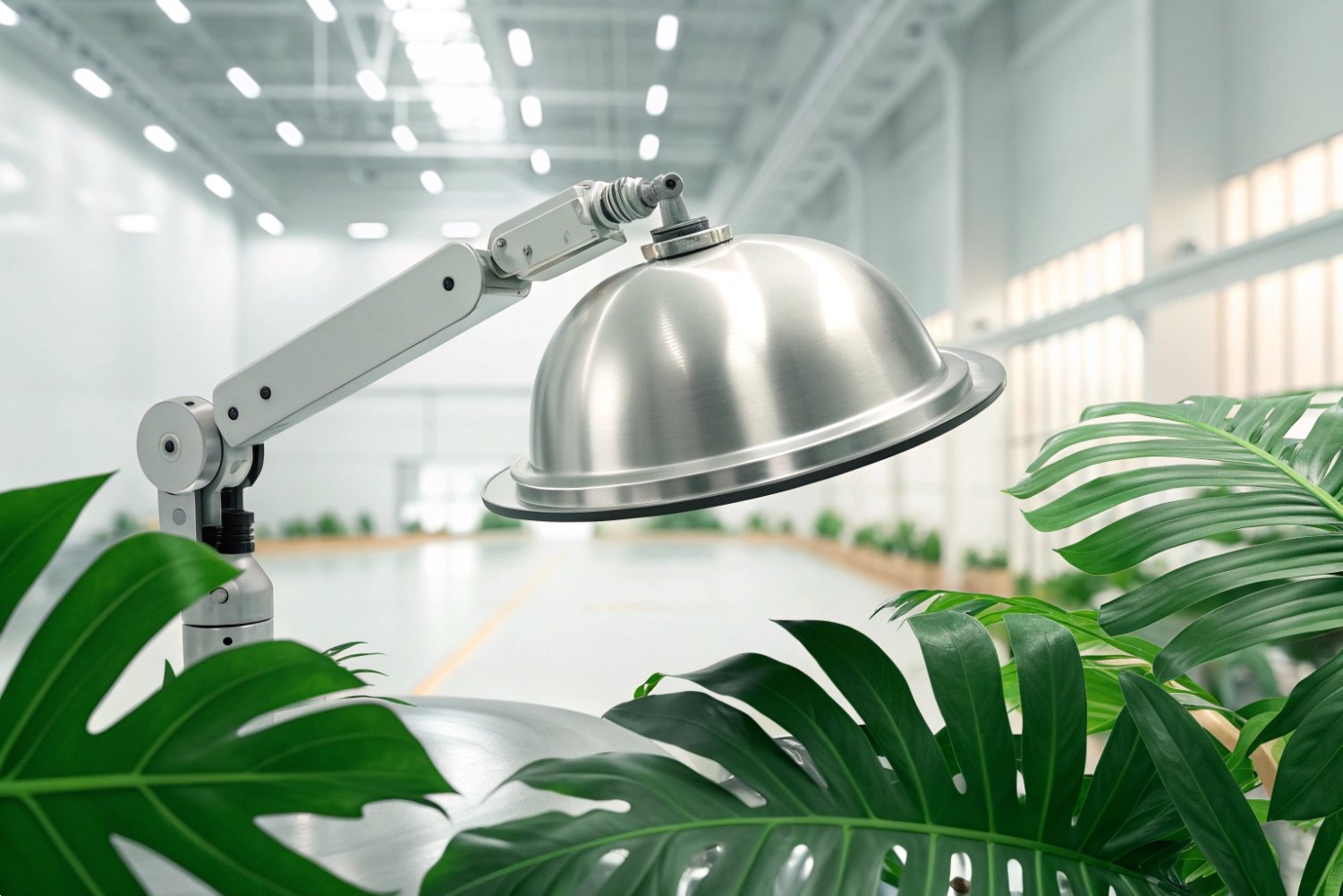 Modern surgical robotic arm in a clean medical facility with green leaves foreground.