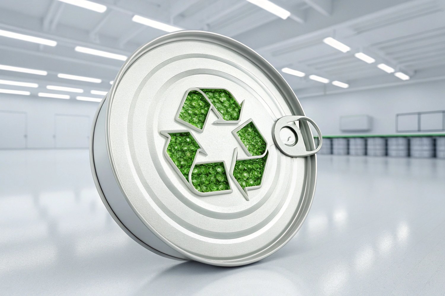 Aluminum can lid with green recycling symbol set in a bright modern factory.