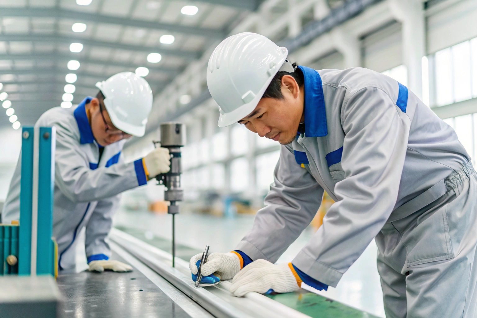 Machinery Operation Two factory workers operating industrial machinery with precision tools in manufacturing facility