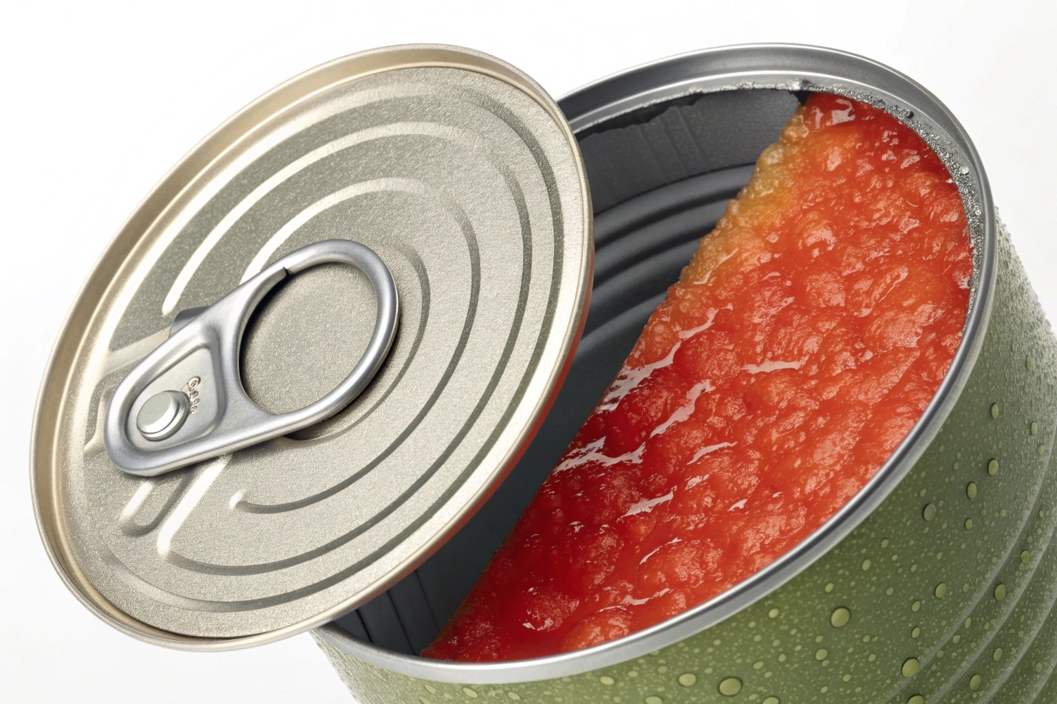 Freshness Preserved Opened canned tomato product showing freshness and quality.