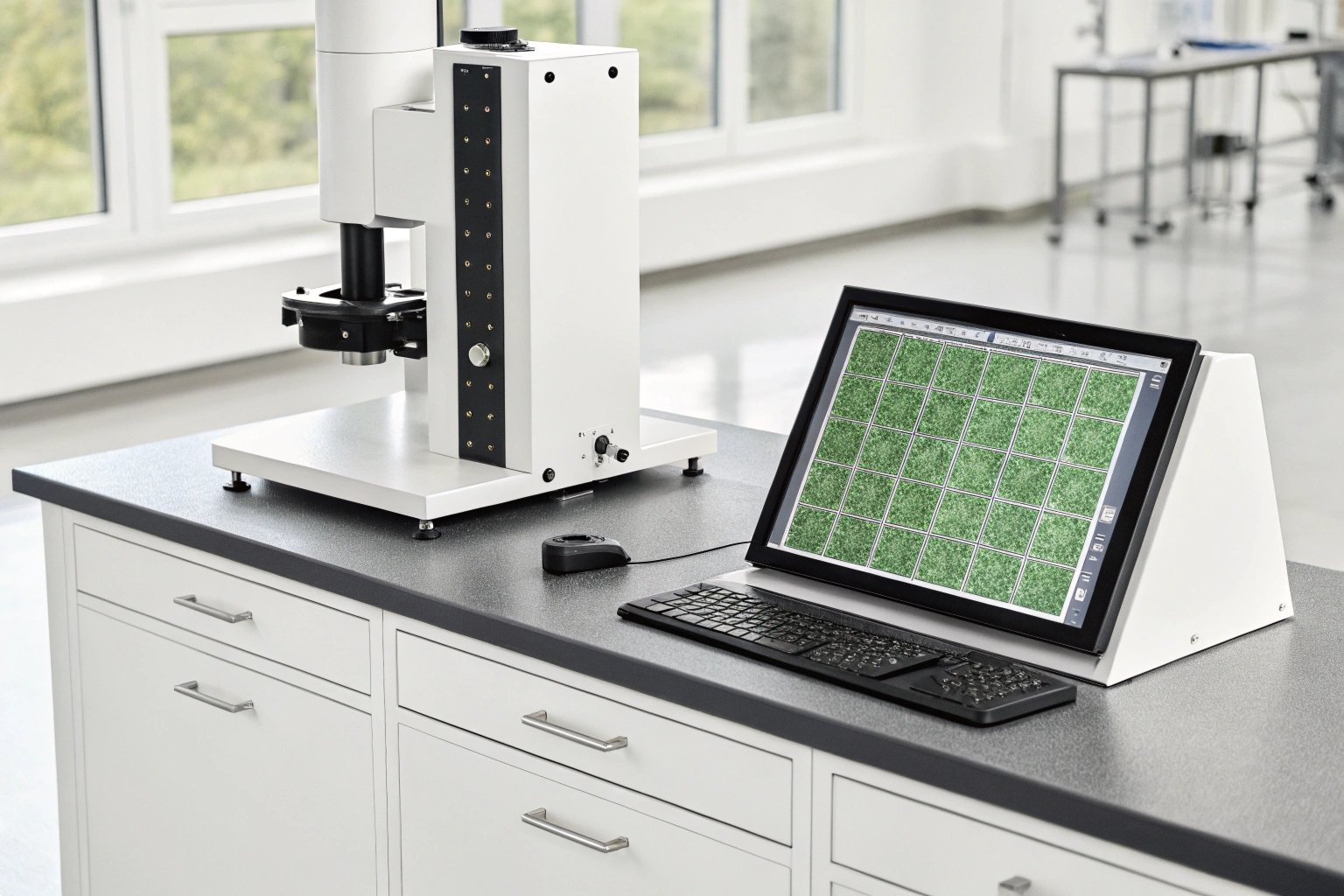 Surface Analysis High-tech microscope analyzing material surfaces with results displayed on a computer screen.