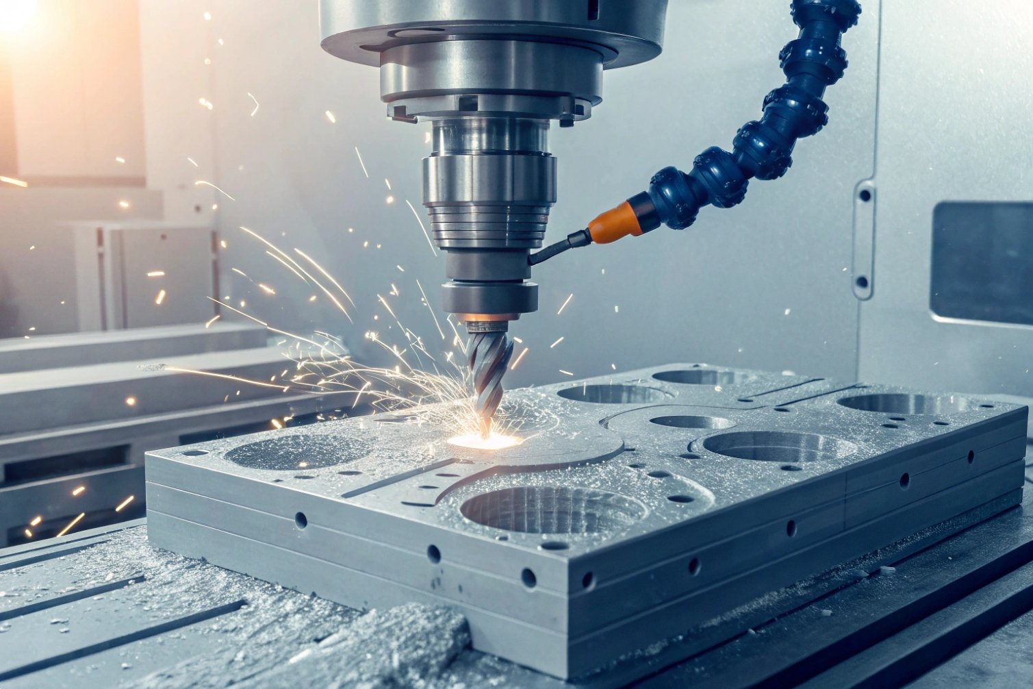 CNC Machining CNC machine cutting metal with sparks.