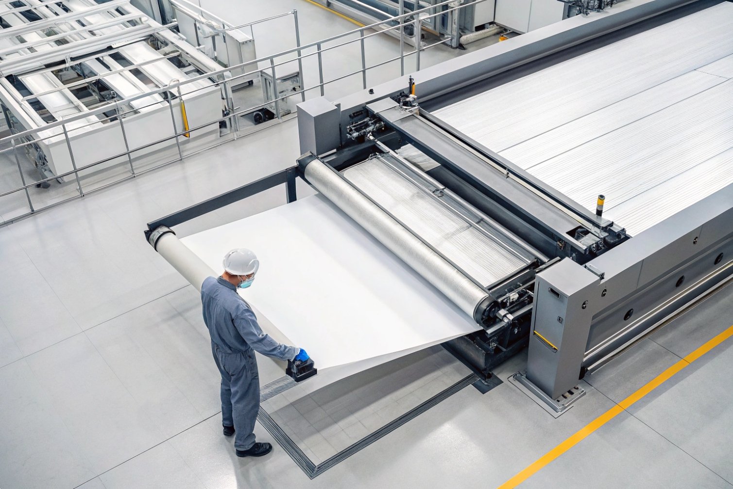 Paper production process Industrial worker inspecting paper production machine in factory setting.