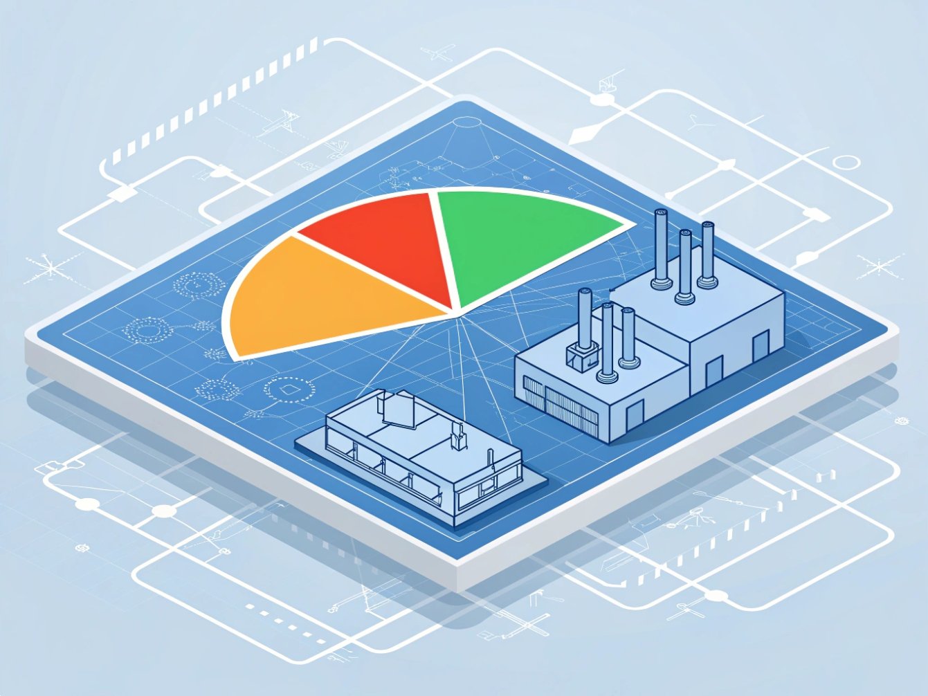Production analysis Illustrated pie chart on factory production analysis.