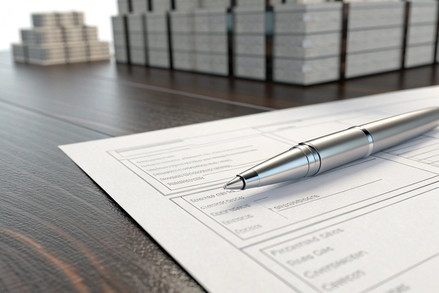 Contract documentation Document with pen and stacks of materials, highlighting transaction paperwork.
