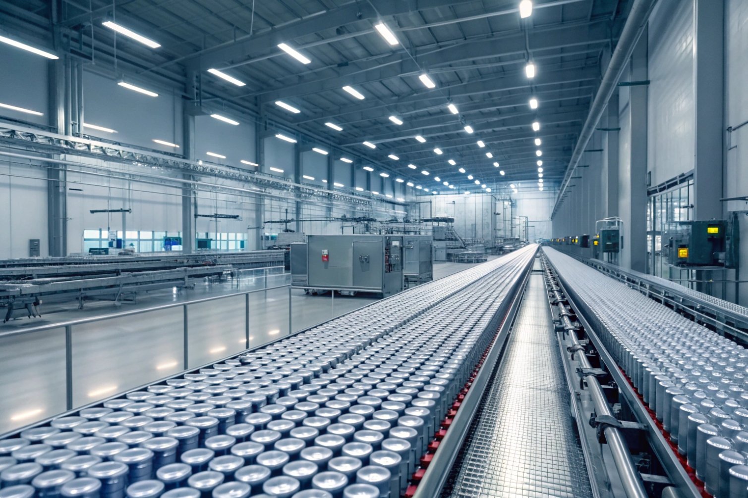 Can production line Modern beverage can manufacturing conveyor belt in large factory