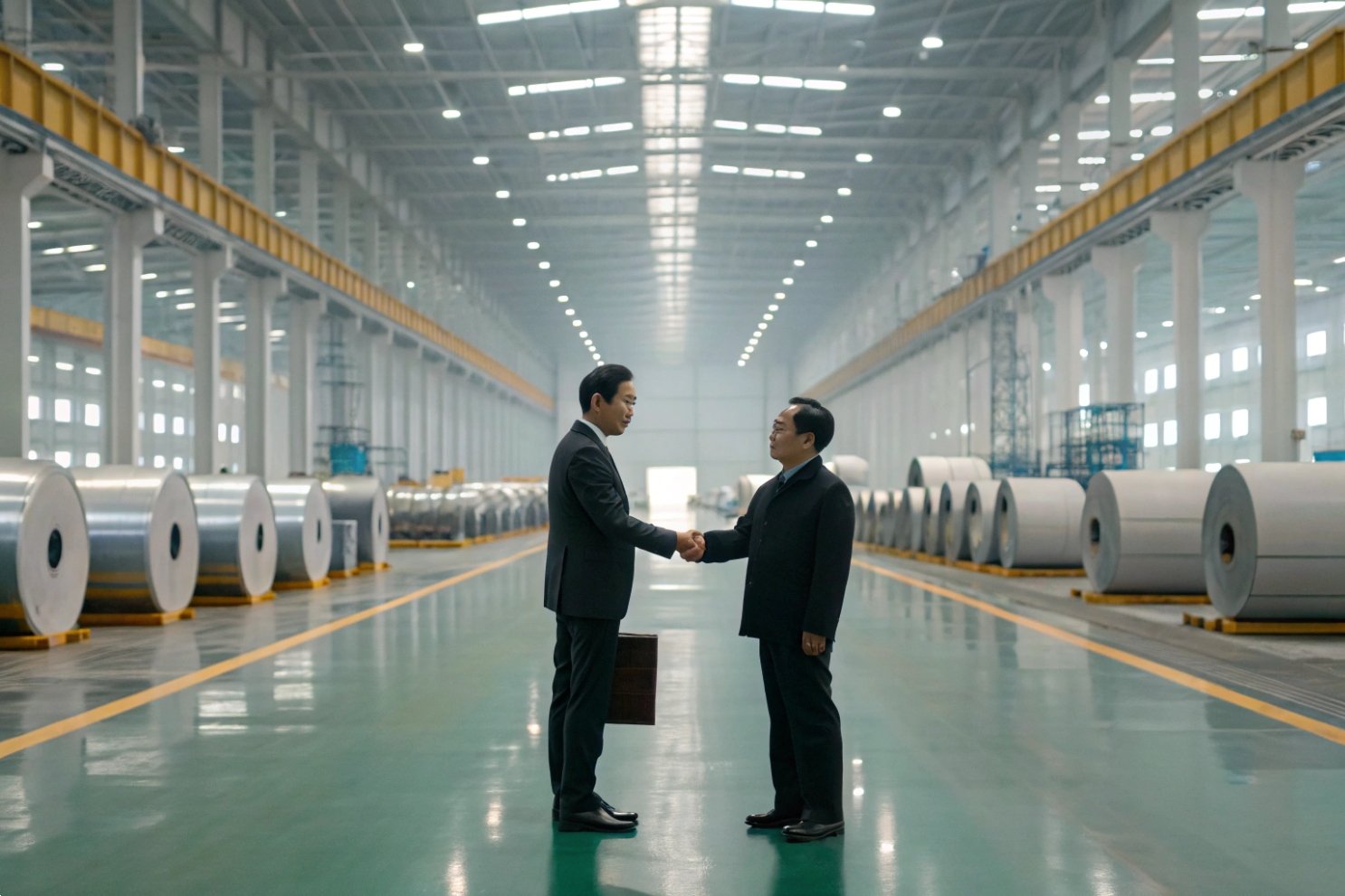Business handshake in factory Two businessmen shake hands in a wide aisle of a vast metal coil warehouse.