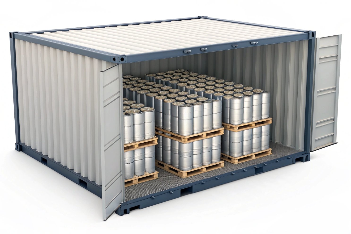 Bulk Container Shipping Logistics Open shipping container packed with industrial metal cans on wooden pallets for bulk transport.