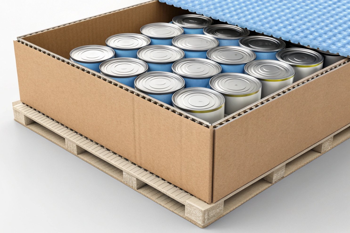 Container Logistics Export Open shipping container filled with metal canisters on pallets for industrial export.