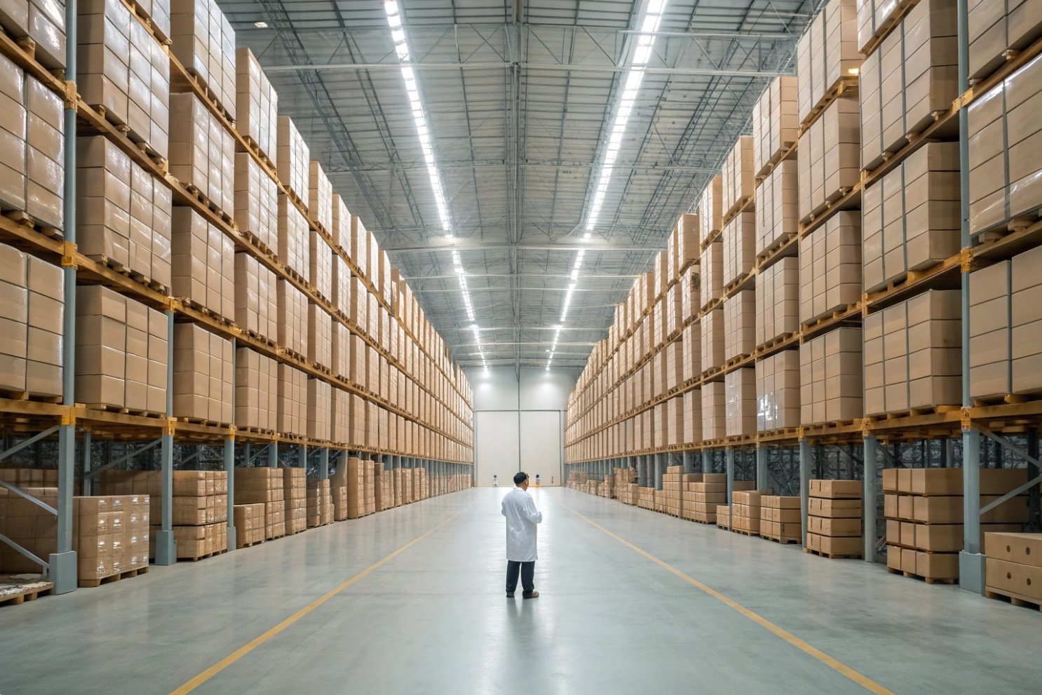 Warehouse Inventory Management Inspection Professional logistics manager inspecting organized rows of stacked boxes in a high-capacity distribution warehouse.