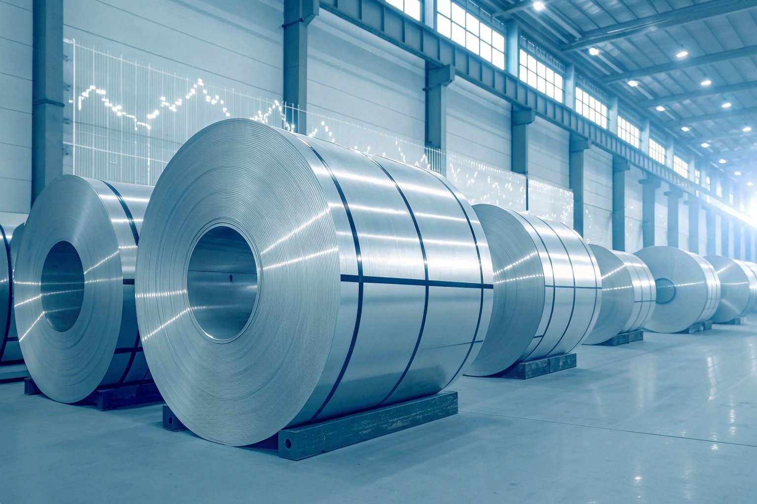 Industrial Steel Coil Inventory Large rolls of industrial sheet metal stored in a bright modern manufacturing facility