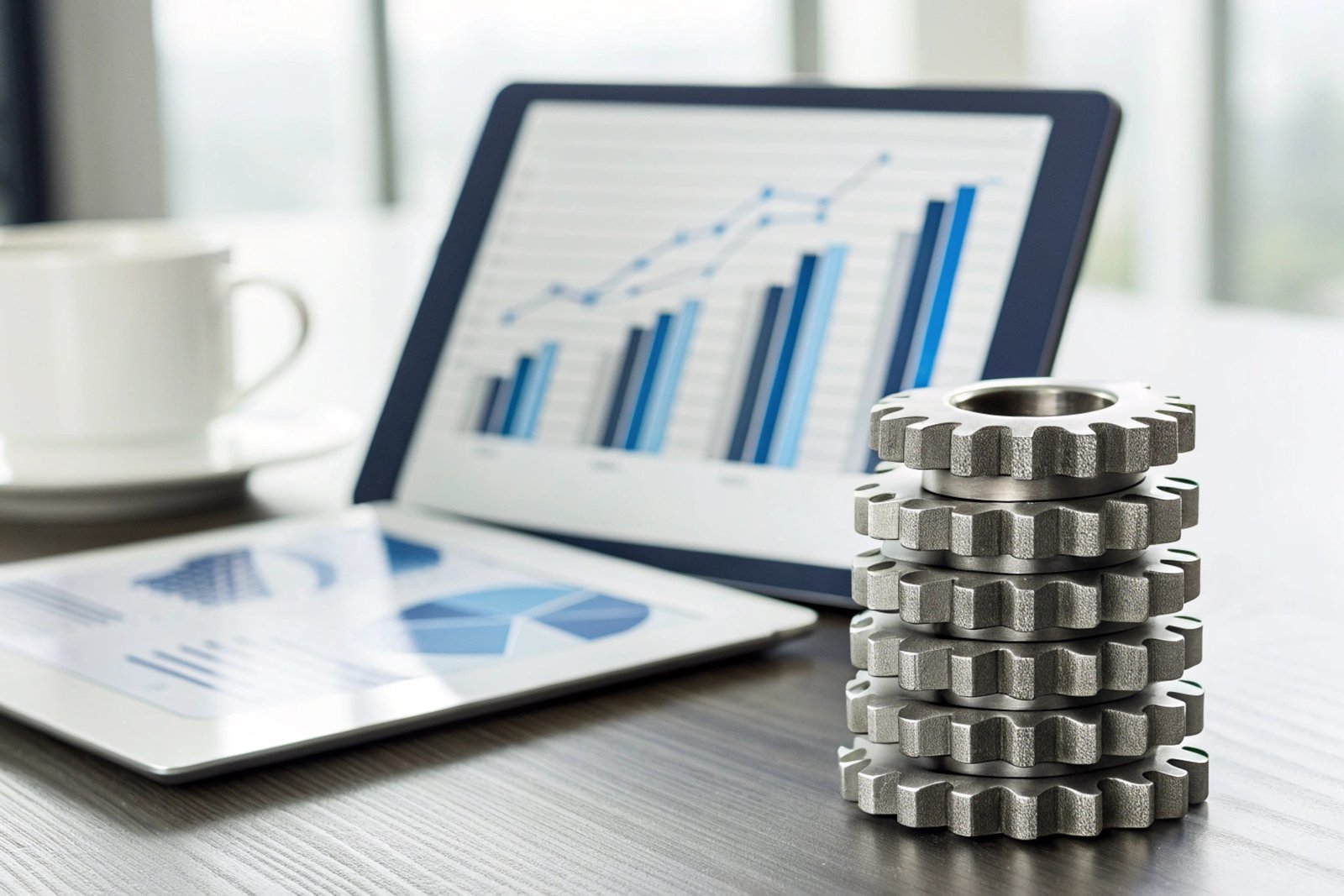 Mechanical Component Data Analysis Stack of precision industrial gears on a desk with financial data charts and tablets.