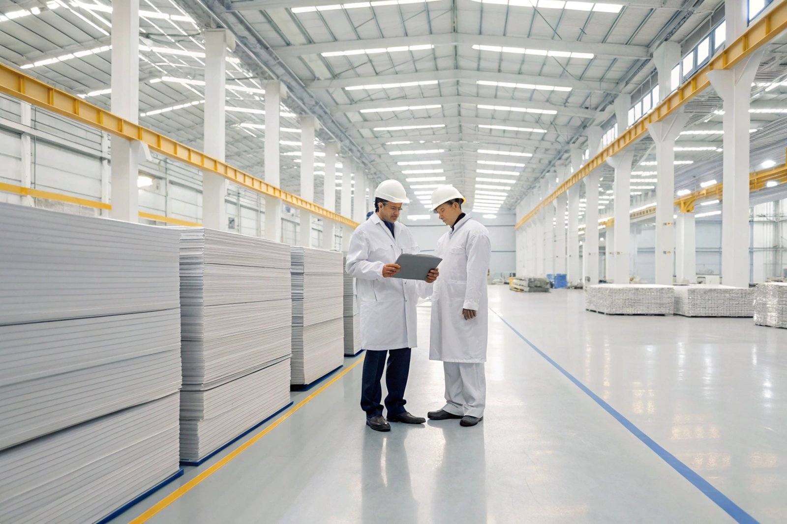 Industrial Warehouse Quality Inspection Quality control inspectors in white coats reviewing data in a large modern manufacturing warehouse.