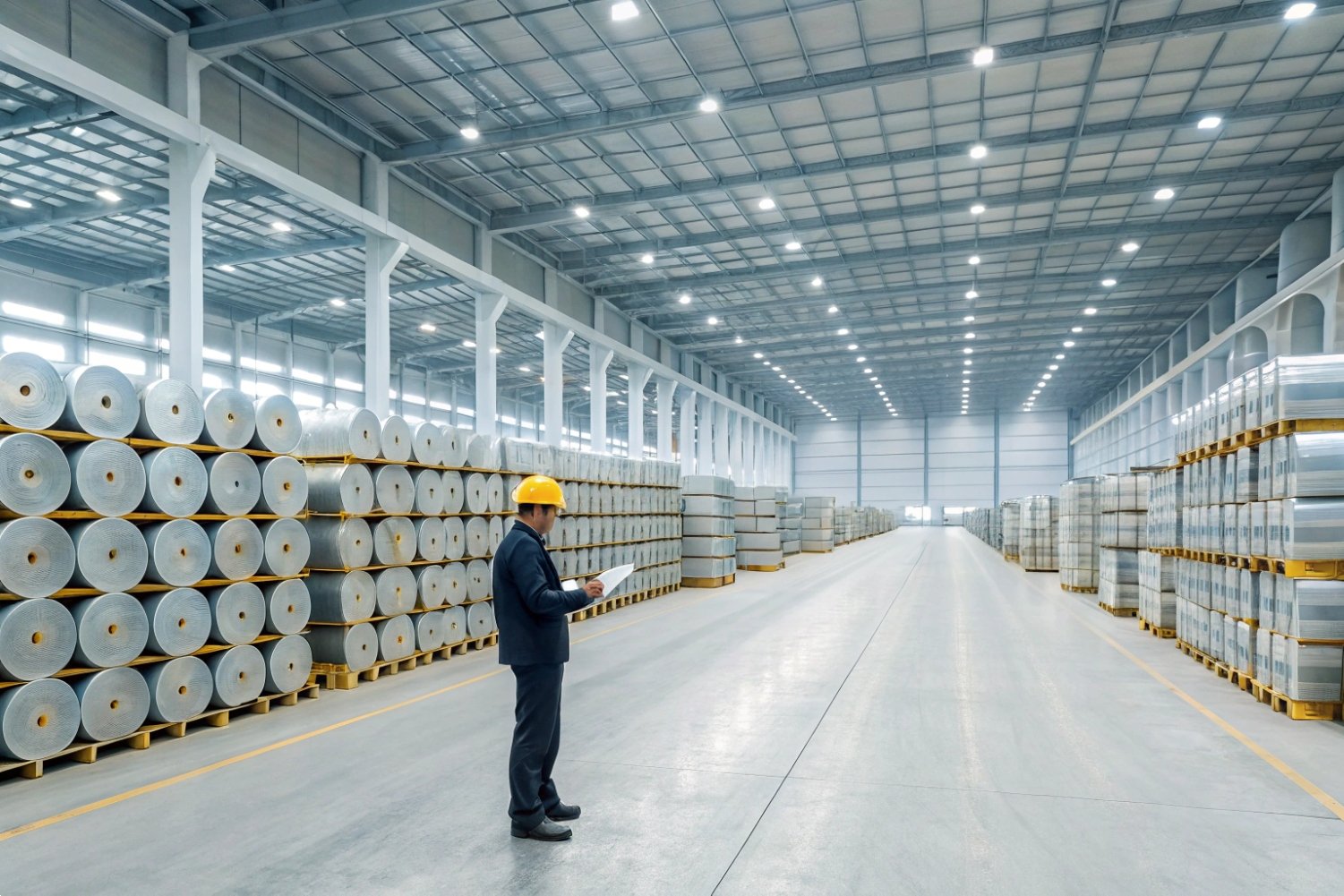 Warehouse Inventory Management System A worker in a yellow safety vest inspecting high-capacity storage racks in a modern warehouse.