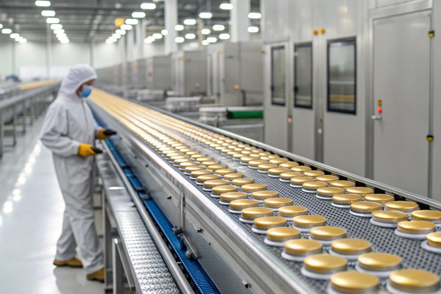 Automated Food Canning Line Automated canning production line with gold lids moving through a sterile food processing facility