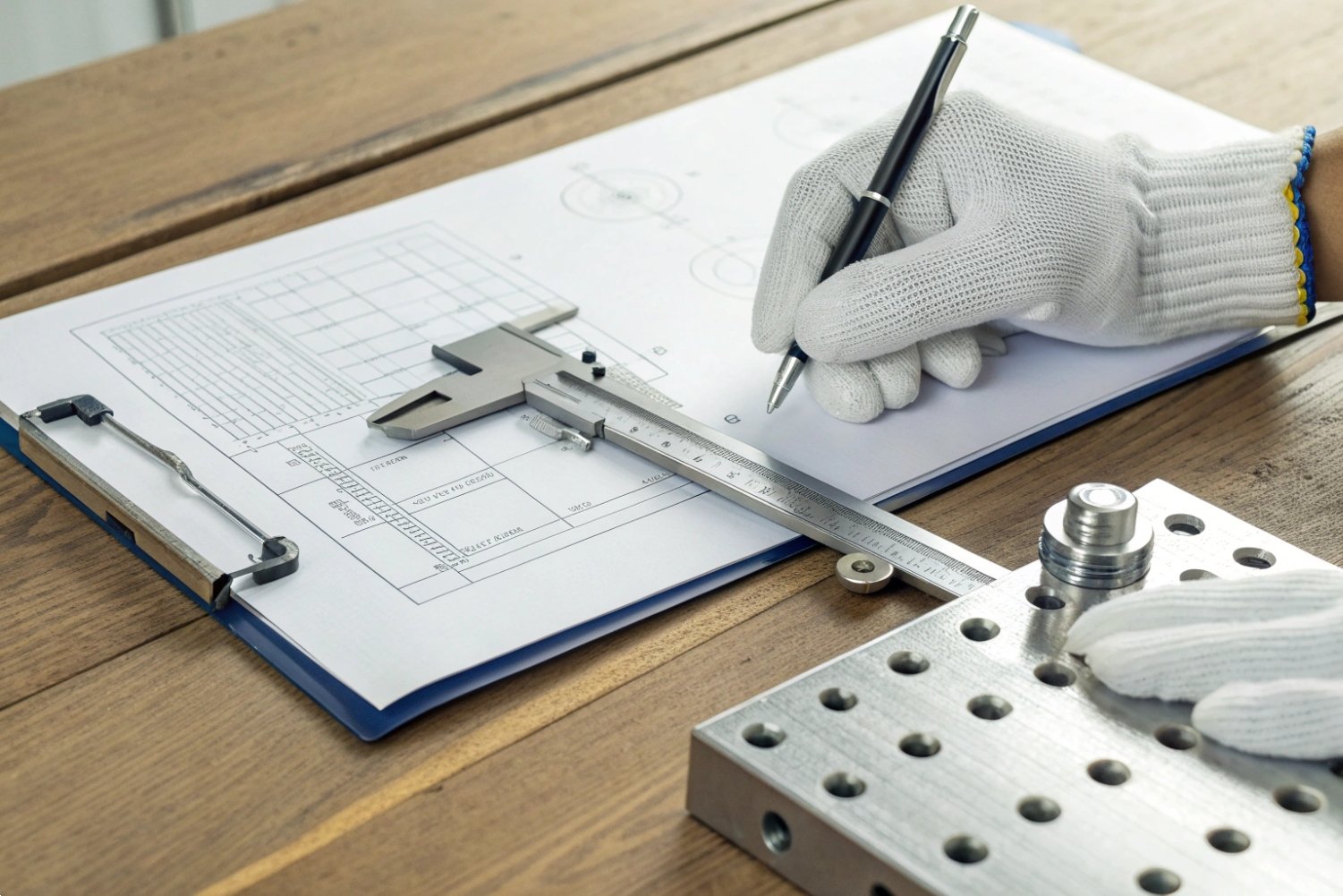 Precision Metal Component Measurement Engineer in safety gloves using vernier calipers to measure precision metal parts on blueprints