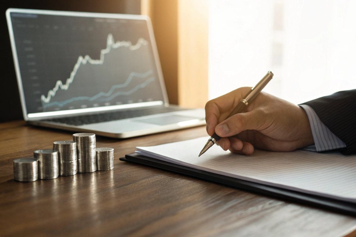 Business Financial Growth Analysis Close-up of professional businessman hand writing on paper with financial growth chart laptop.