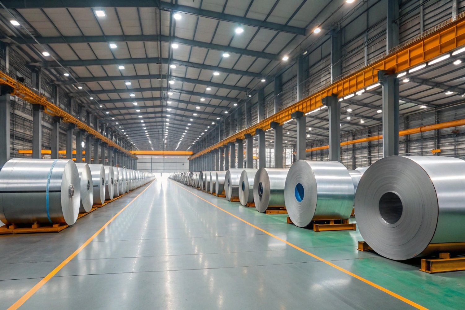 Steel Coil Inventory Management Industrial warehouse interior featuring long rows of large galvanized steel coils.