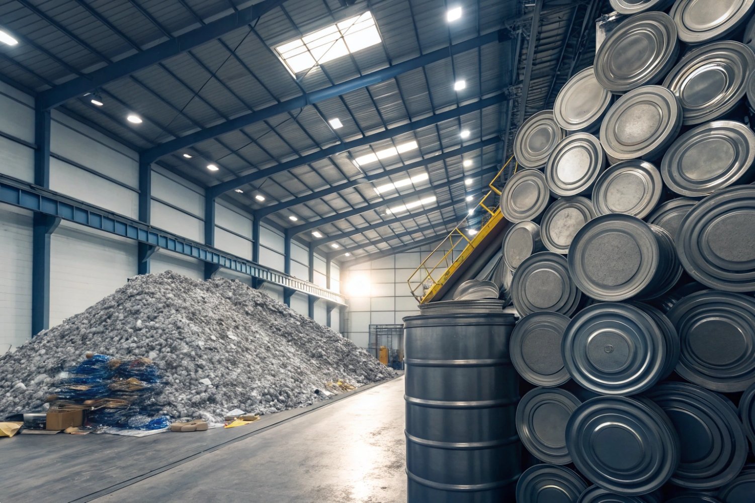 Industrial Recycling Warehouse Large industrial warehouse storing stacks of metal cans and sorted recycling materials.