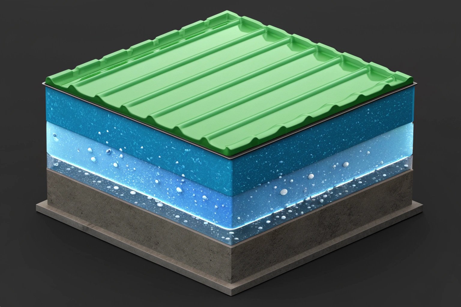 Multi-Layer Protection Strategy - 3D isometric render of color-coded coating layers defending against corrosive elements