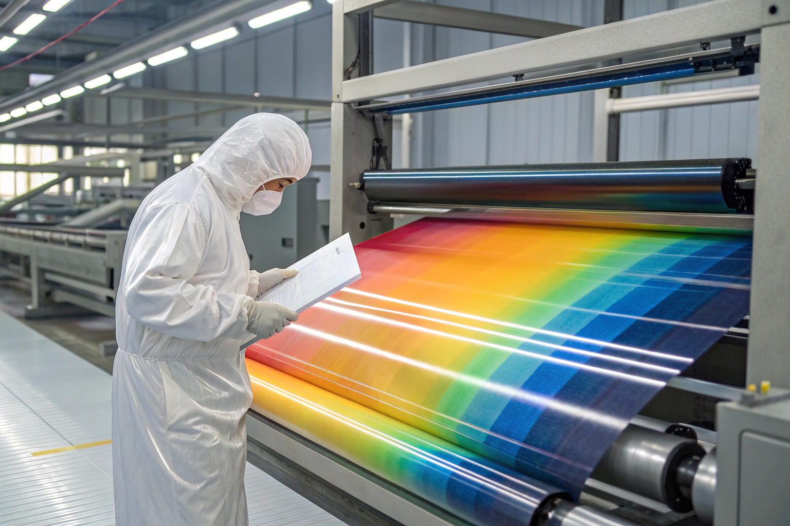 Material Printing Technician in sterile suit analyzing rainbow-colored material printed in production facility, quality control