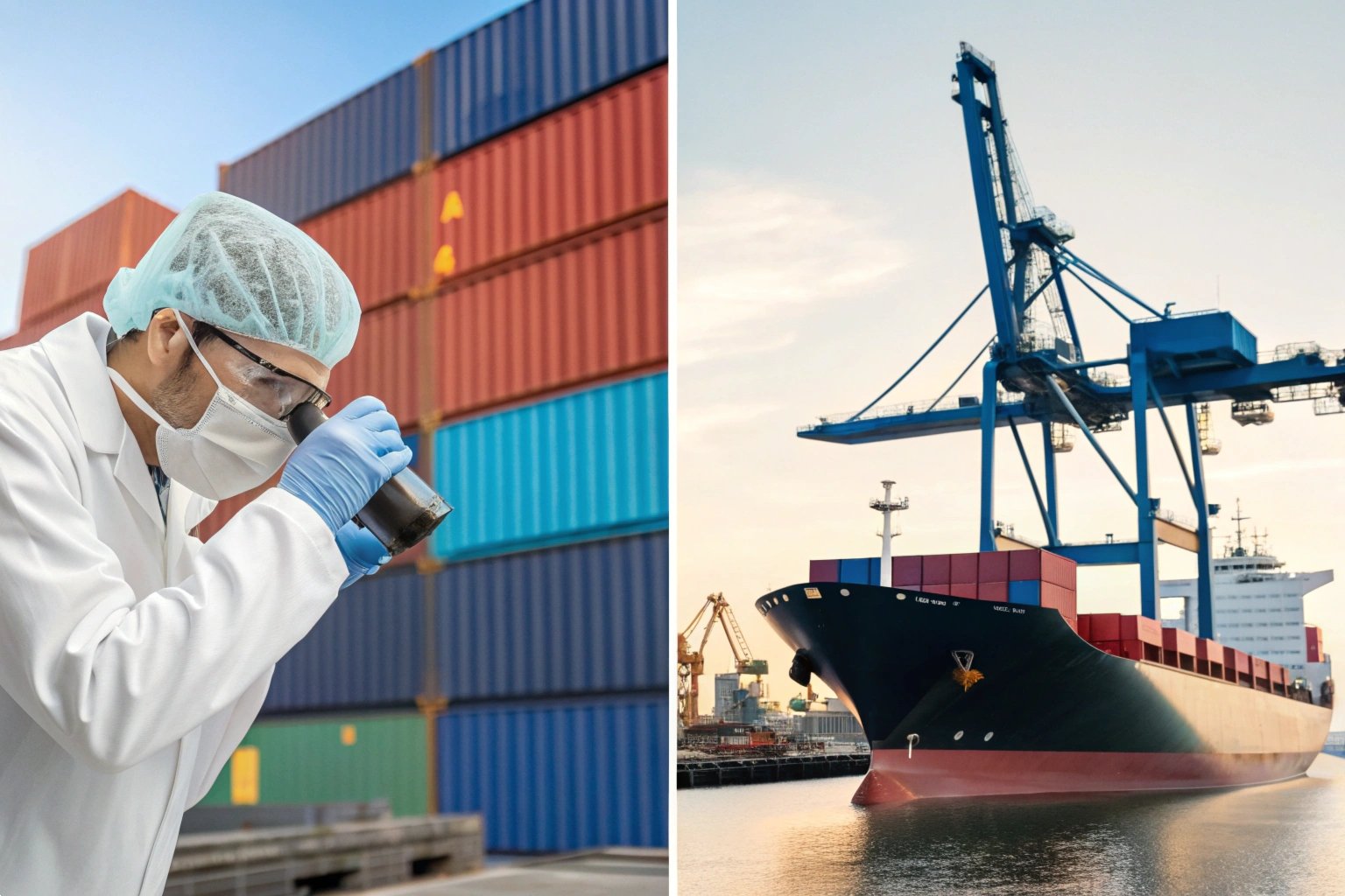Trade Inspection Scientist inspecting shipping containers and cargo ship at port, international trade, logistics