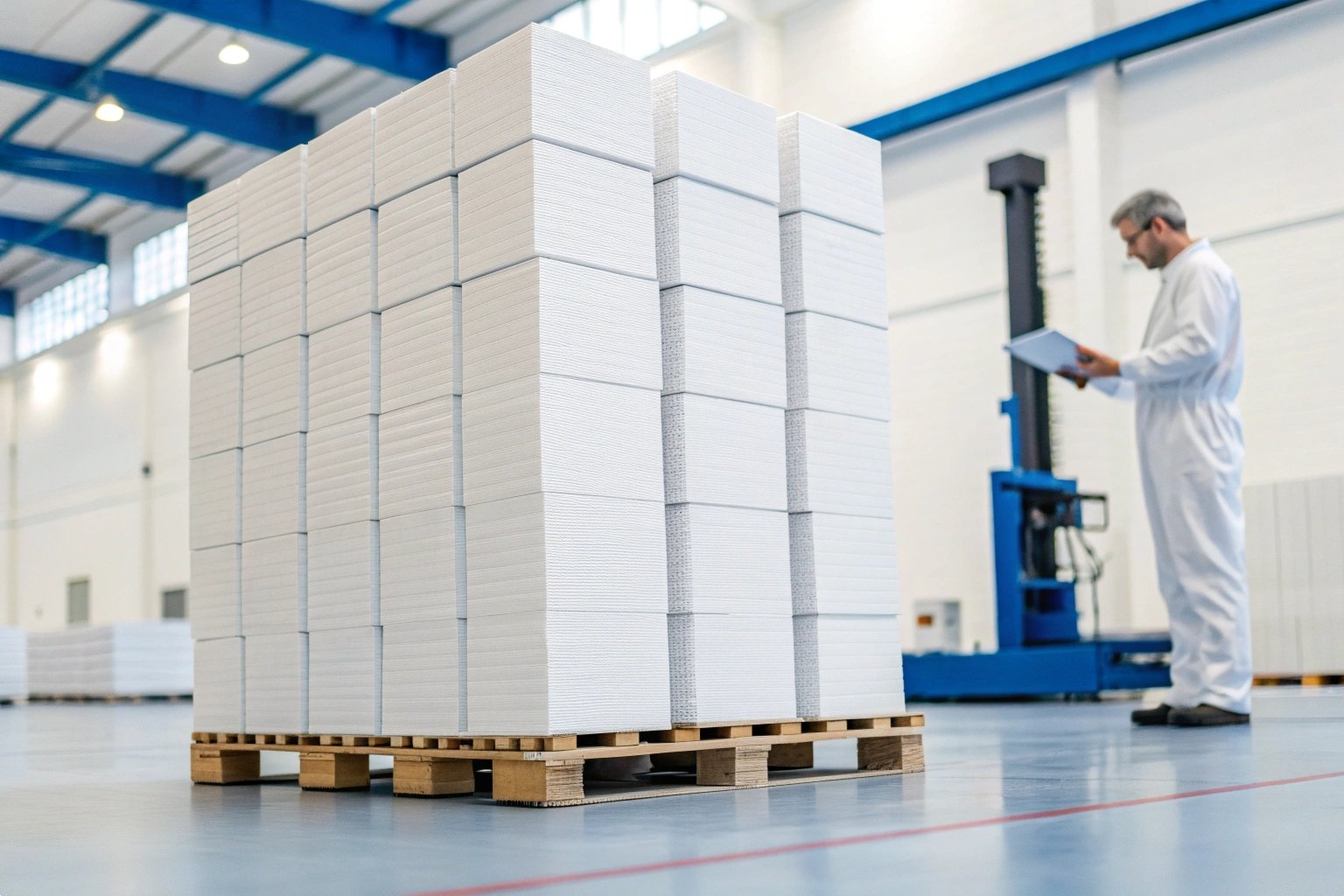 Box Stacking Stack of white boxes on wooden pallets, warehouse storage, organized inventory