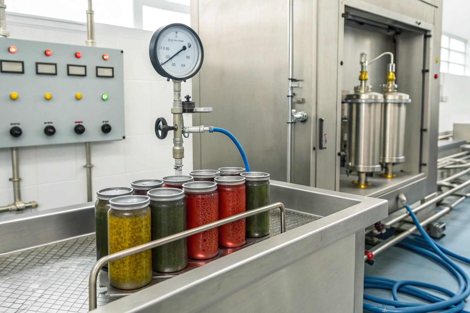 Food Processing Canning process equipment in food factory with pressure gauge and jars.
